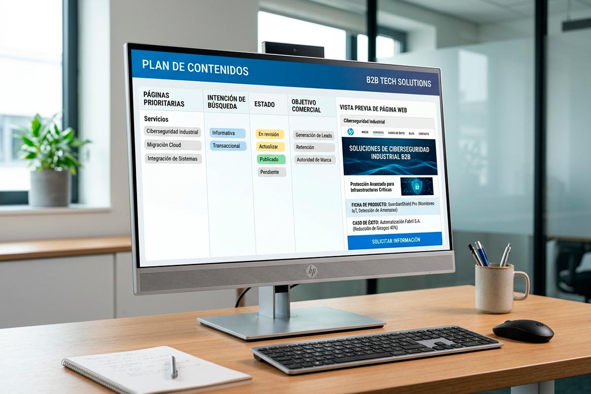 Plan de contenidos SEO para un sitio web empresarial con páginas prioritarias, temas y objetivos de búsqueda organizados